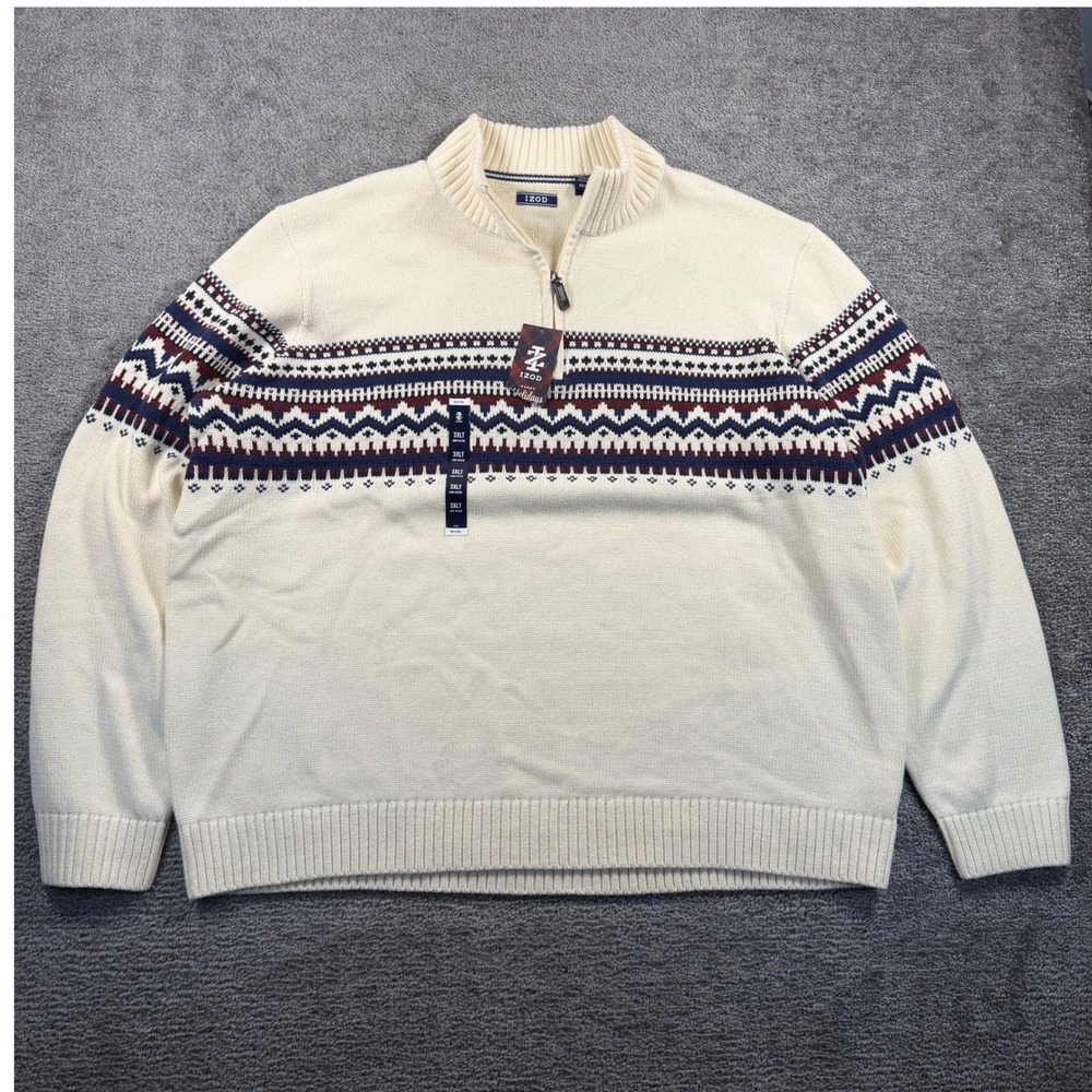 IZOD Mens Fair Isle Quarter Zip Sweater Vanilla Ice 3XLT Holiday Chunky Knit New